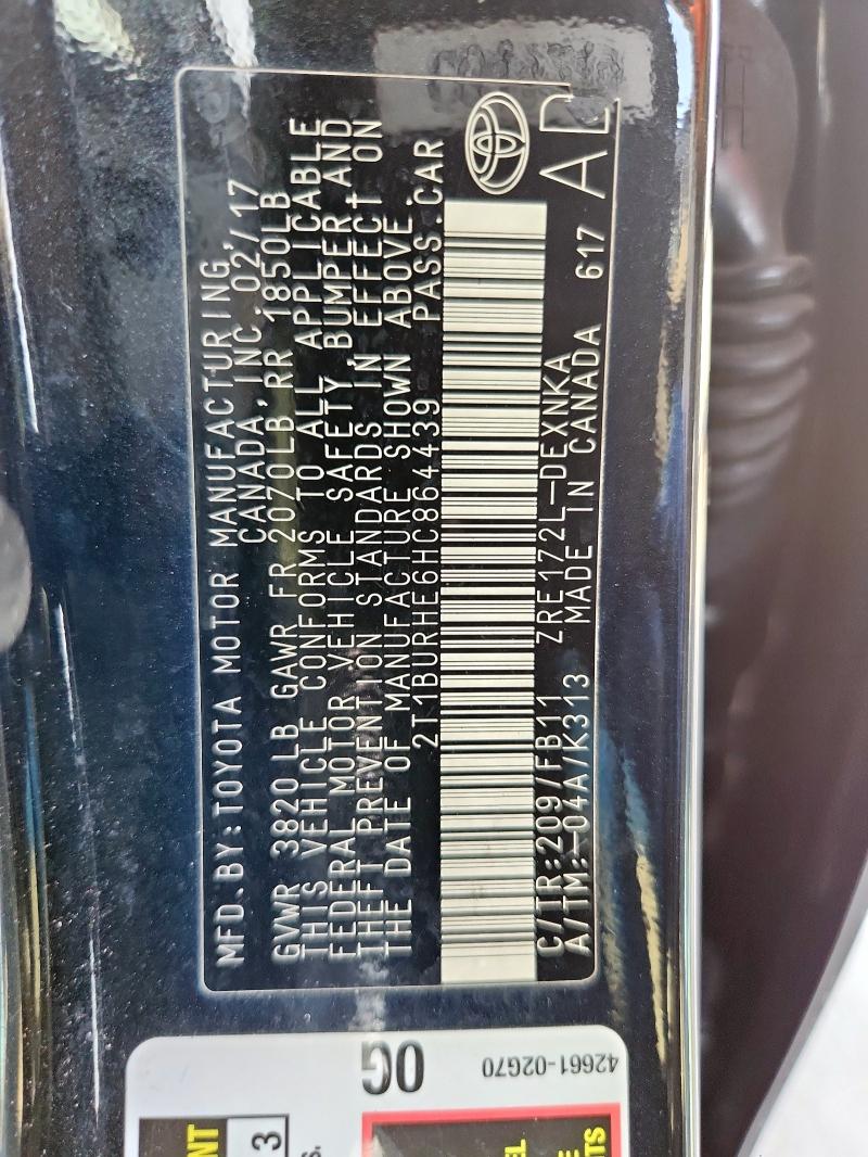 2017 TOYOTA COROLLA LE 2T1BURHE6HC864439