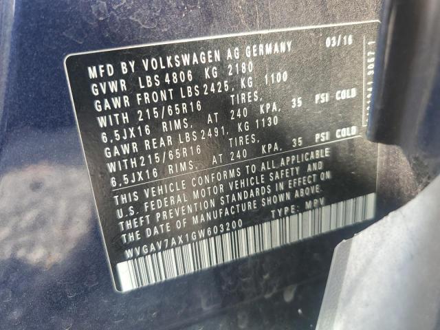 2016 VOLKSWAGEN TIGUAN S WVGAV7AX1GW603200