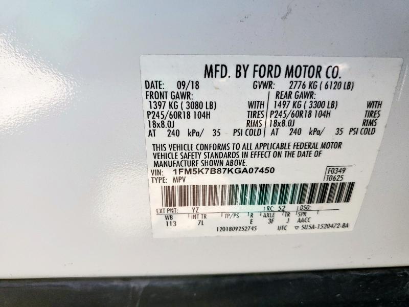 2019 FORD EXPLORER 1FM5K7B87KGA07450