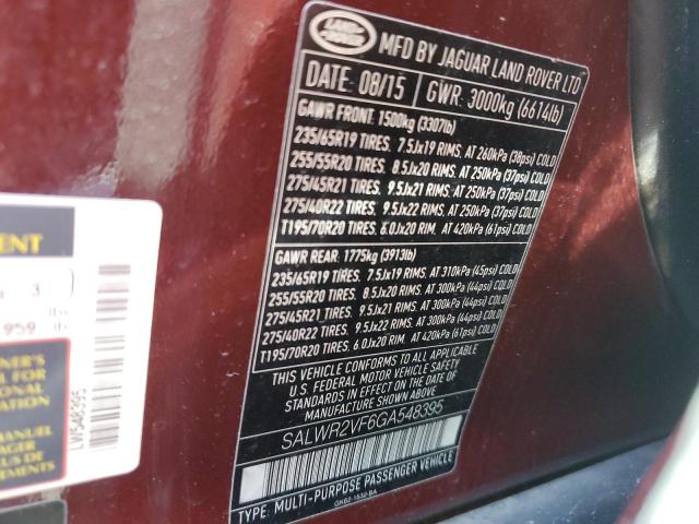 2016 LAND ROVER RANGE ROVE SALWR2VF6GA548395