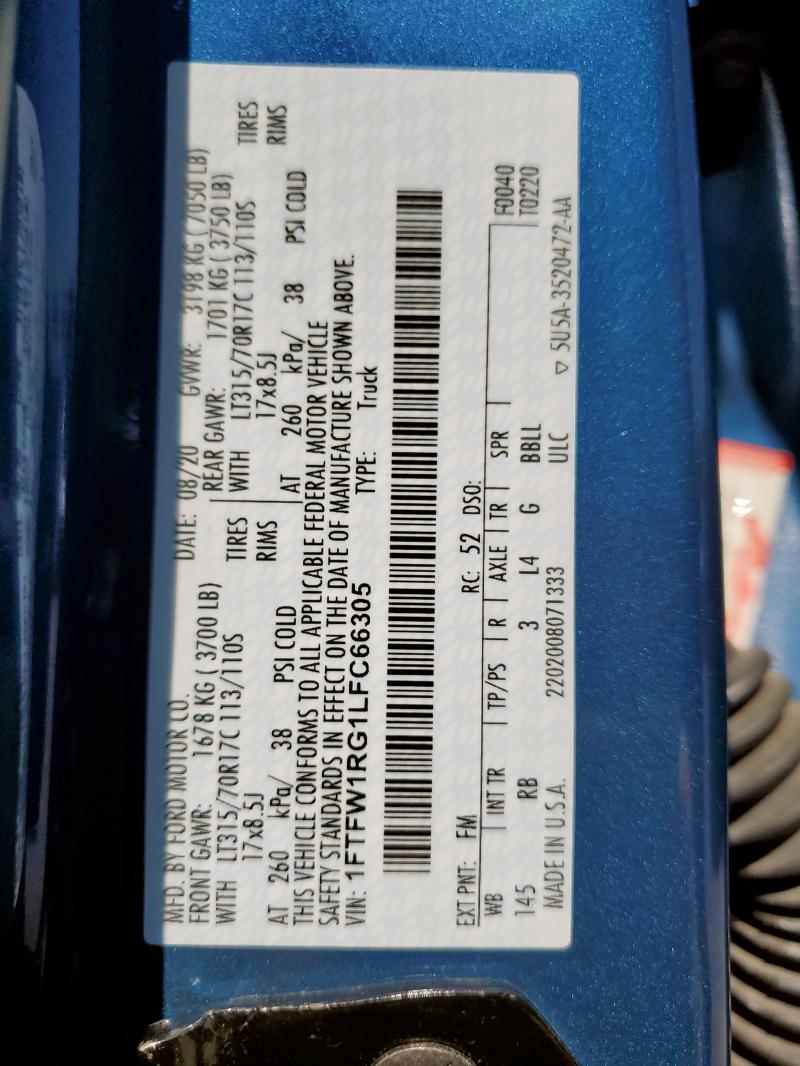 2020 FORD F150 RAPTO 1FTFW1RG1LFC66305