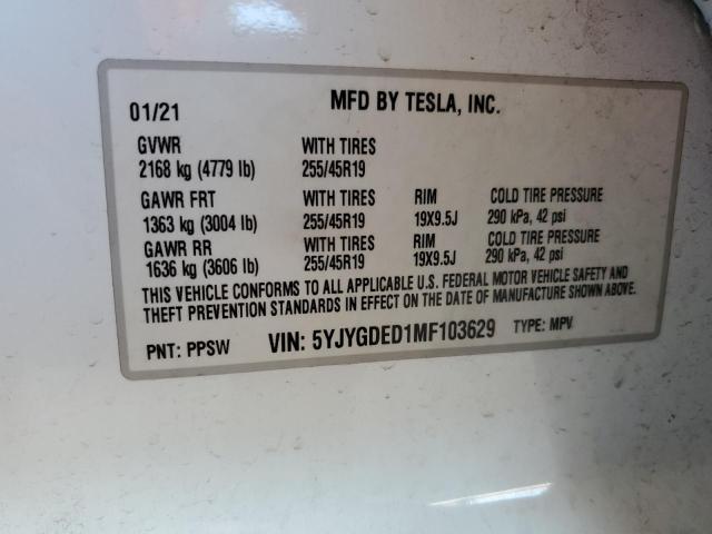 2021 TESLA MODEL Y - 5YJYGDED1MF103629