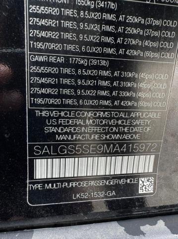2021 LAND ROVER RANGE ROVE SALGS5SE9MA415972