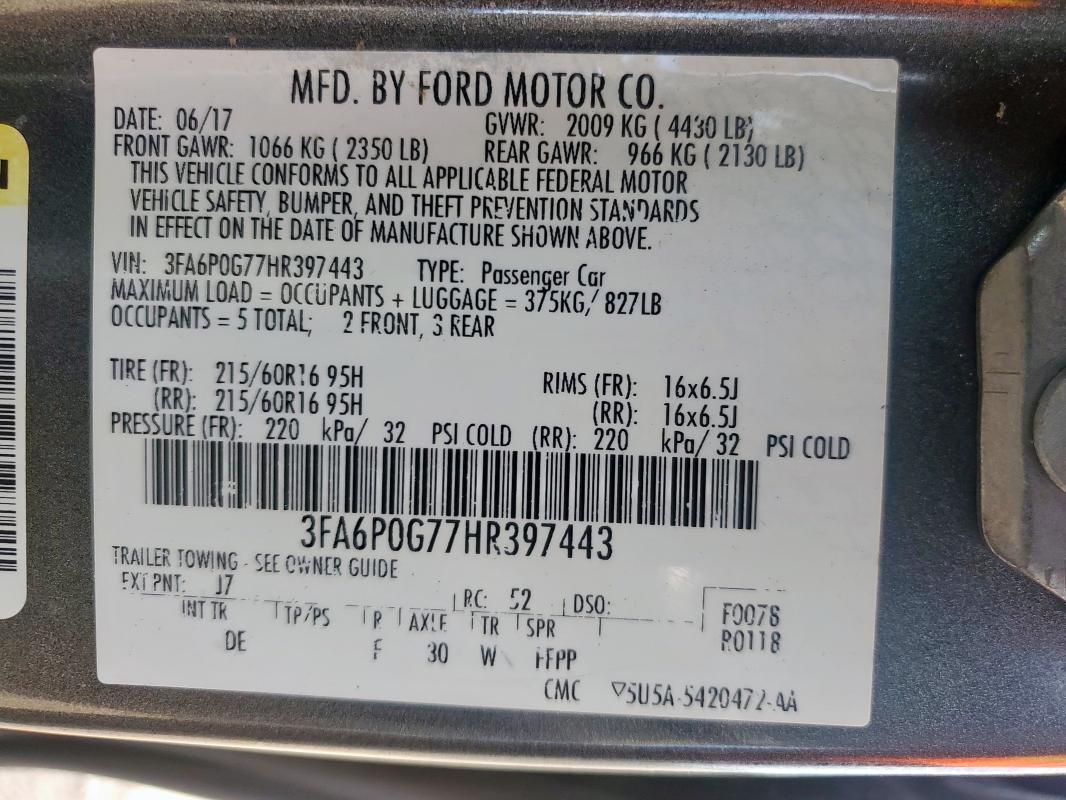 2017 FORD FUSION S 3FA6P0G77HR397443