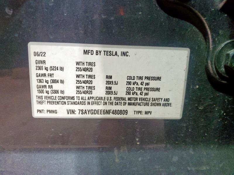 2022 TESLA MODEL Y 7SAYGDEE6NF480809