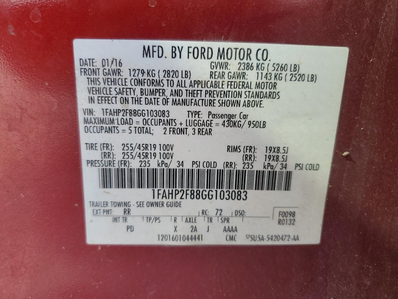 Lot #3302787927 2016 FORD TAURUS LIM