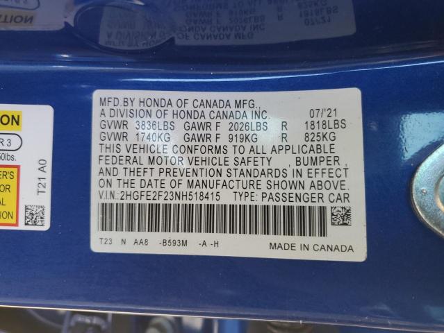 2022 HONDA CIVIC LX 2HGFE2F23NH518415