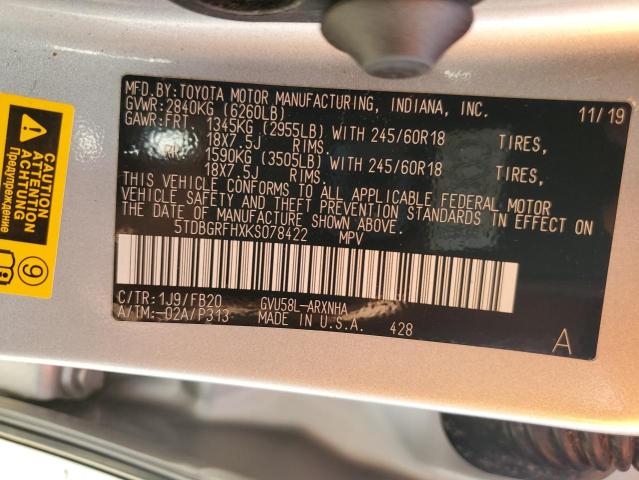 2019 TOYOTA HIGHLANDER - 5TDBGRFHXKS078422