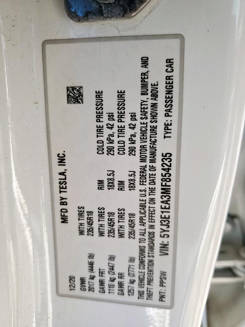 2021 TESLA MODEL 3 - 5YJ3E1EA3MF854235