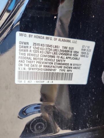 2016 HONDA PILOT EXL 5FNYF5H51GB050187