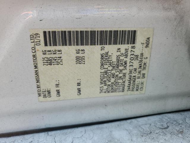 2019 NISSAN MAXIMA S 1N4AA6AV3KC370378