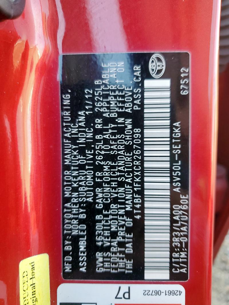 2012 TOYOTA CAMRY BASE - 4T4BF1FKXCR267098