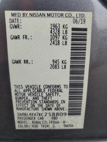 2019 NISSAN ALTIMA SL 1N4BL4EV7KC258809