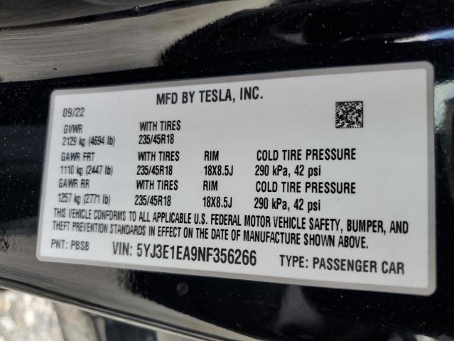 2022 TESLA MODEL 3 - 5YJ3E1EA9NF356266
