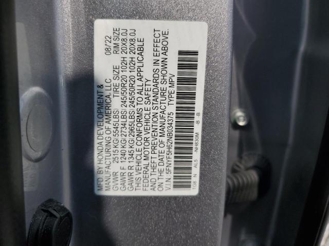 2022 HONDA PILOT TOUR 5FNYF5H62NB034375