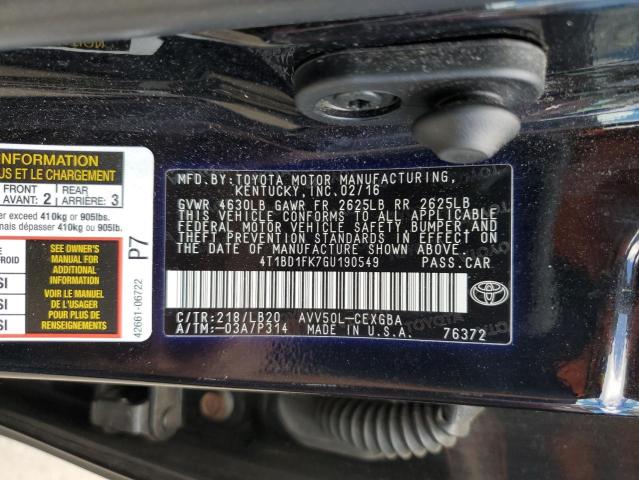 2016 TOYOTA CAMRY HYBR 4T1BD1FK7GU190549