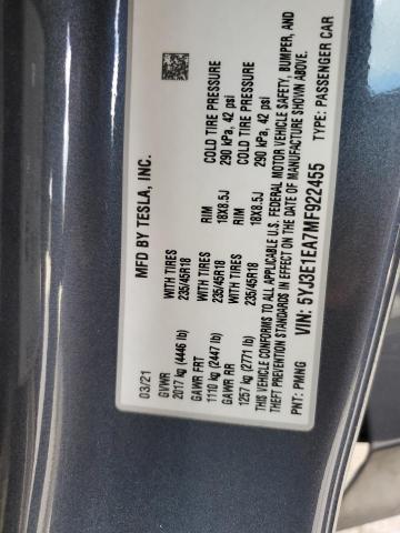 2021 TESLA MODEL 3 5YJ3E1EA7MF922455