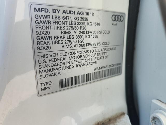 2019 AUDI Q8 PREMIUM WA1AVAF12KD011860
