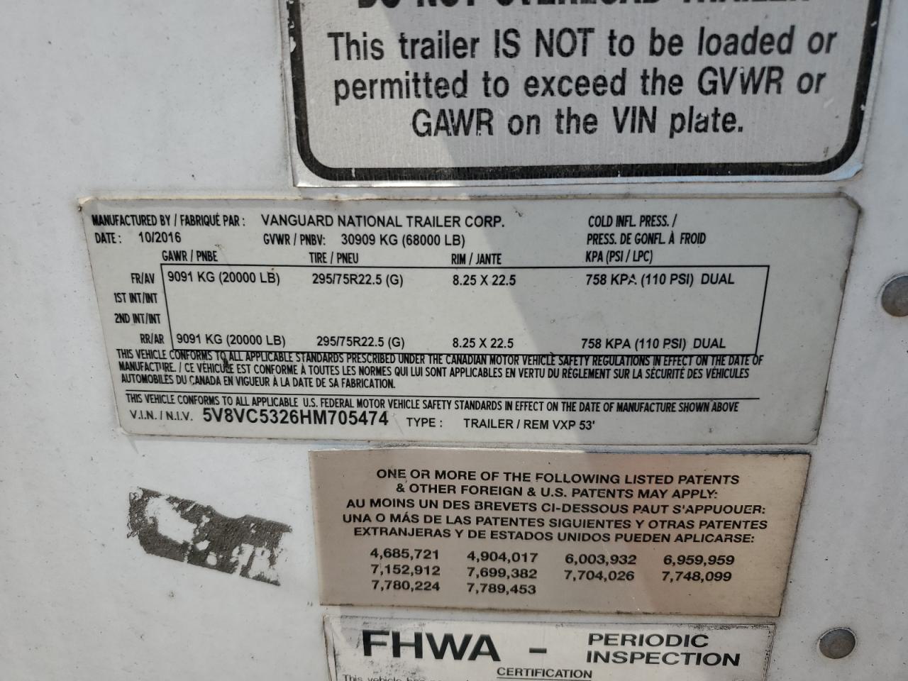 Lot #3292647607 2017 VANGUARD DRY FREIGHT TRAILER