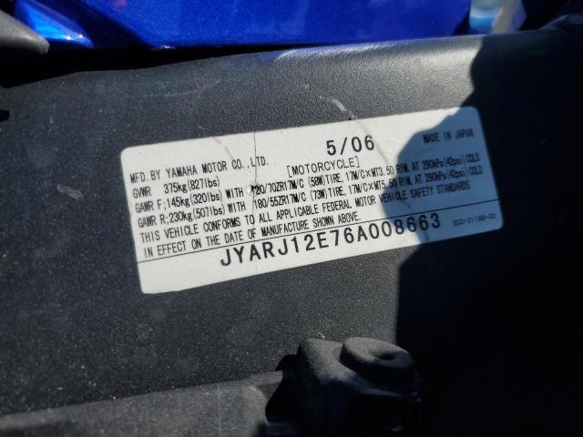 2006 YAMAHA YZFR6 L JYARJ12E76A008663