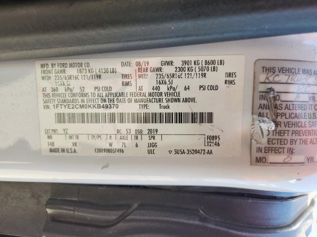 2019 FORD TRANSIT T- - 1FTYE2CM0KKB49370