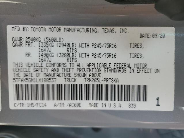 2020 TOYOTA TACOMA DOUBLE CAB 5TFAX5GN1LX188537