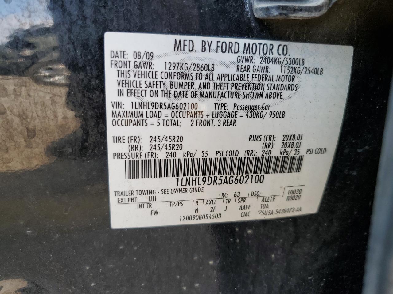 Lot #3318865931 2010 LINCOLN MKS