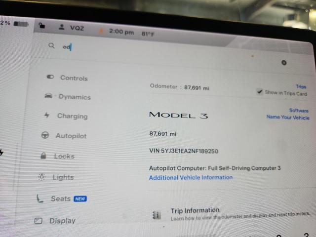 2022 TESLA MODEL 3 5YJ3E1EA2NF189250