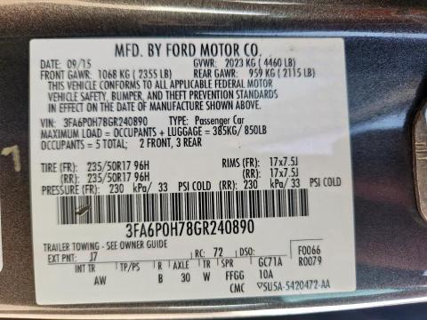 2016 FORD FUSION SE 3FA6P0H78GR240890