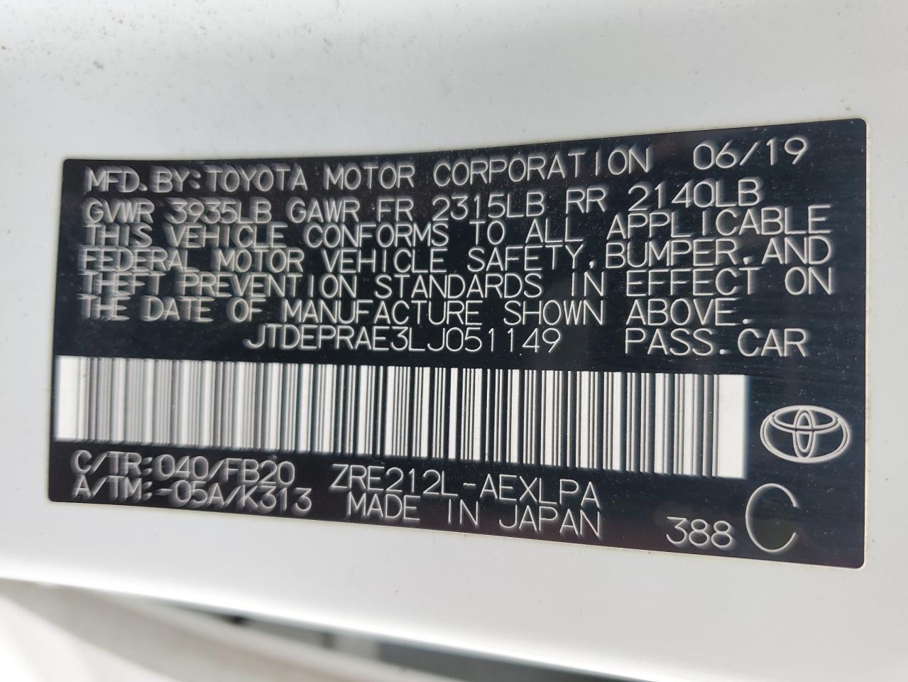 Lot #3317025075 2020 TOYOTA COROLLA LE