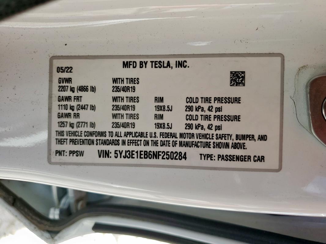 2022 TESLA MODEL 3 - 5YJ3E1EB6NF250284