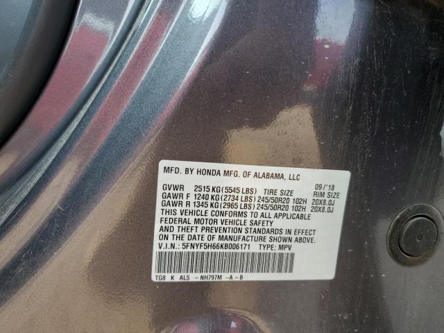 2019 HONDA PILOT TOURING 5FNYF5H66KB006171