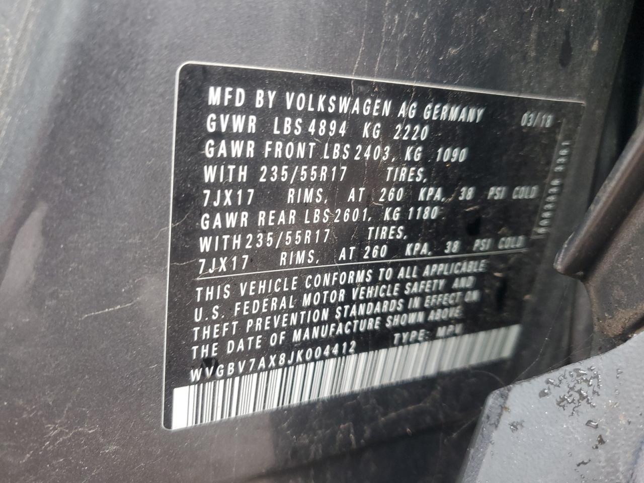 Lot #3264467448 2018 VOLK TIGUAN LIMITED