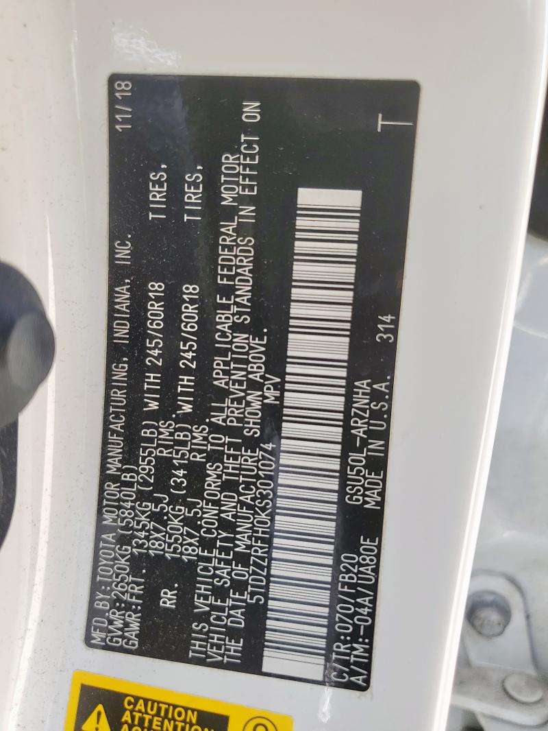 2019 TOYOTA HIGHLANDER 5TDZZRFH0KS301074