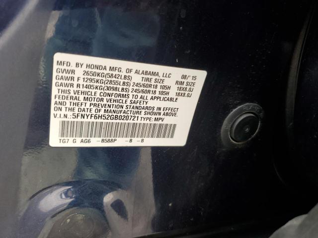 2016 HONDA PILOT EXL 5FNYF6H52GB020721