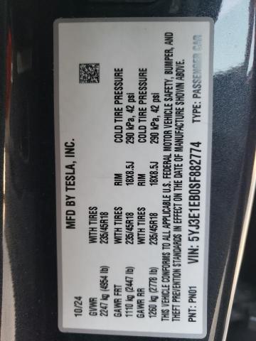 2025 TESLA MODEL 3 5YJ3E1EB0SF882774