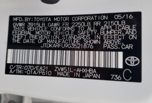 2016 TOYOTA PRIUS JTDKARFU9G3521876