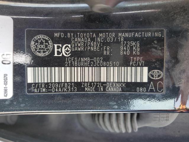 2018 TOYOTA COROLLA L 2T1BURHE2JC080510