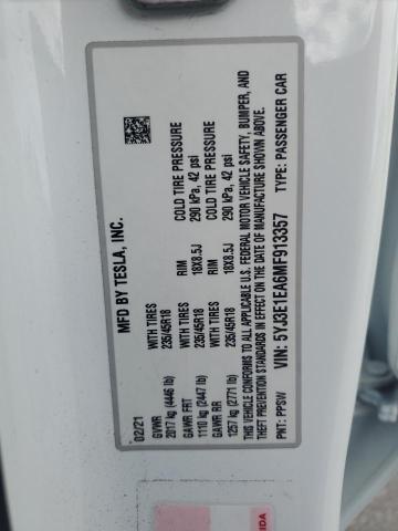 2021 TESLA MODEL 3 5YJ3E1EA6MF913357
