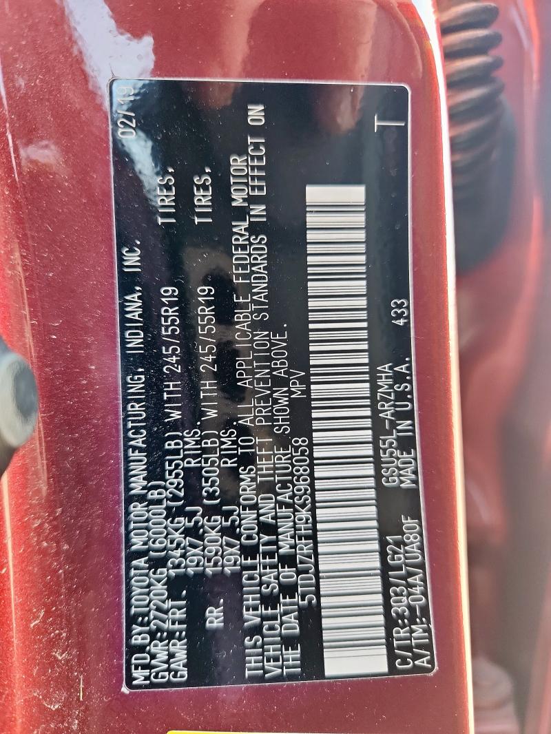 2019 TOYOTA HIGHLANDER SE 5TDJZRFH9KS968058