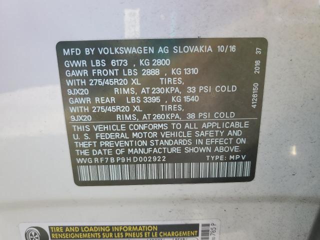 2017 VOLKSWAGEN TOUAREG WO WVGRF7BP9HD002922