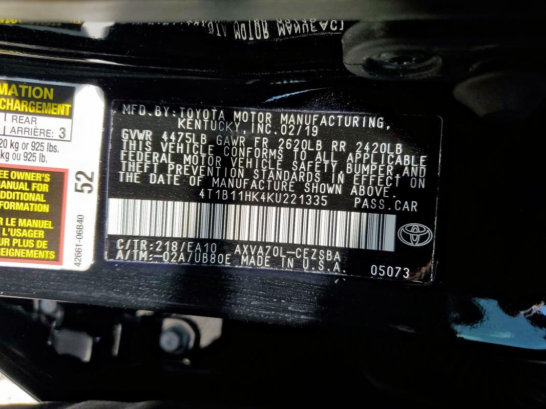 2019 TOYOTA CAMRY L - 4T1B11HK4KU221335