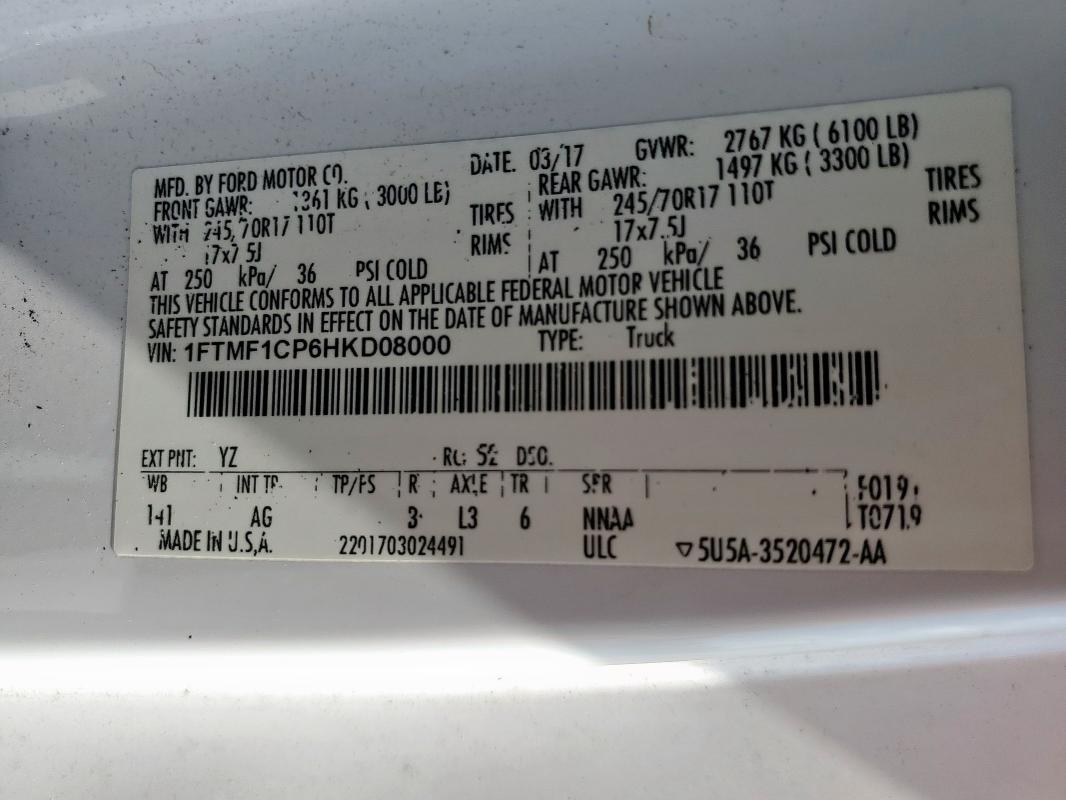 2017 FORD F150 1FTMF1CP6HKD08000