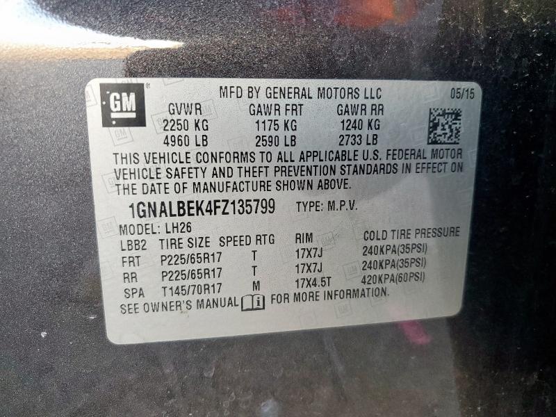 2015 CHEVROLET EQUINOX LT 1GNALBEK4FZ135799