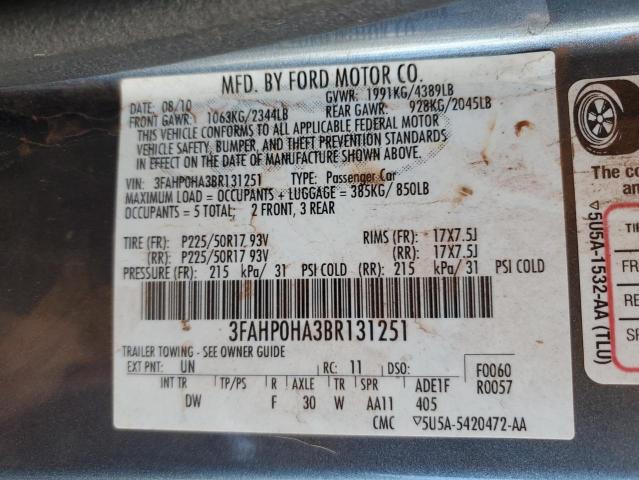 2011 FORD FUSION SE - 3FAHP0HA3BR131251