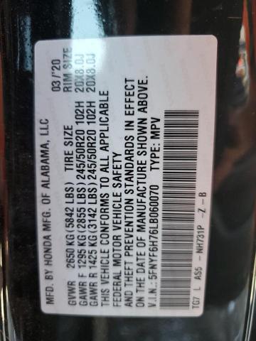 2020 HONDA PILOT BLAC 5FNYF6H76LB060070