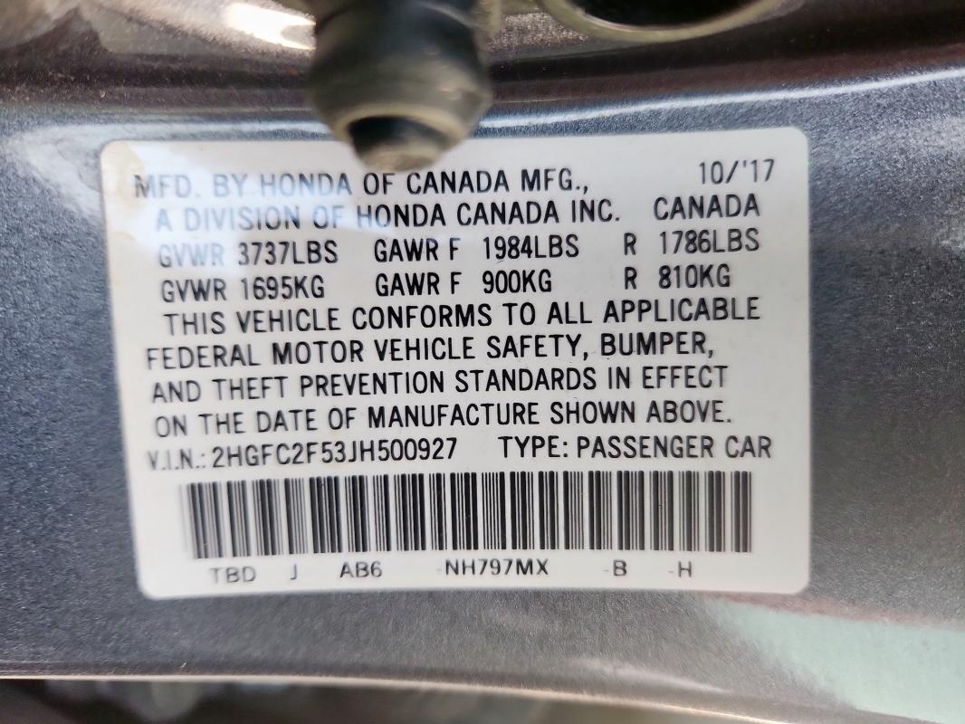 2018 HONDA CIVIC - 2HGFC2F53JH500927