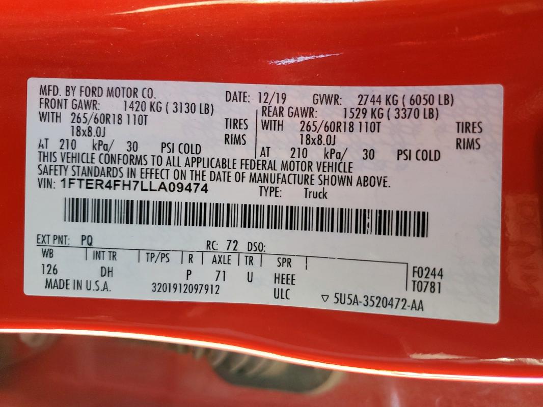 2020 FORD RANGER XL 1FTER4FH7LLA09474