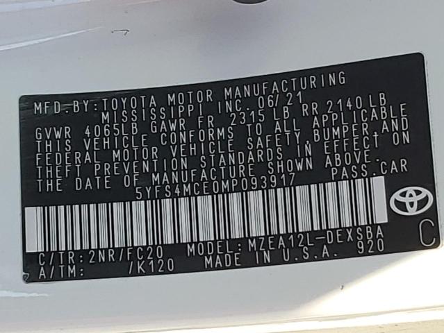 2021 TOYOTA COROLLA SE 5YFS4MCE0MP093917