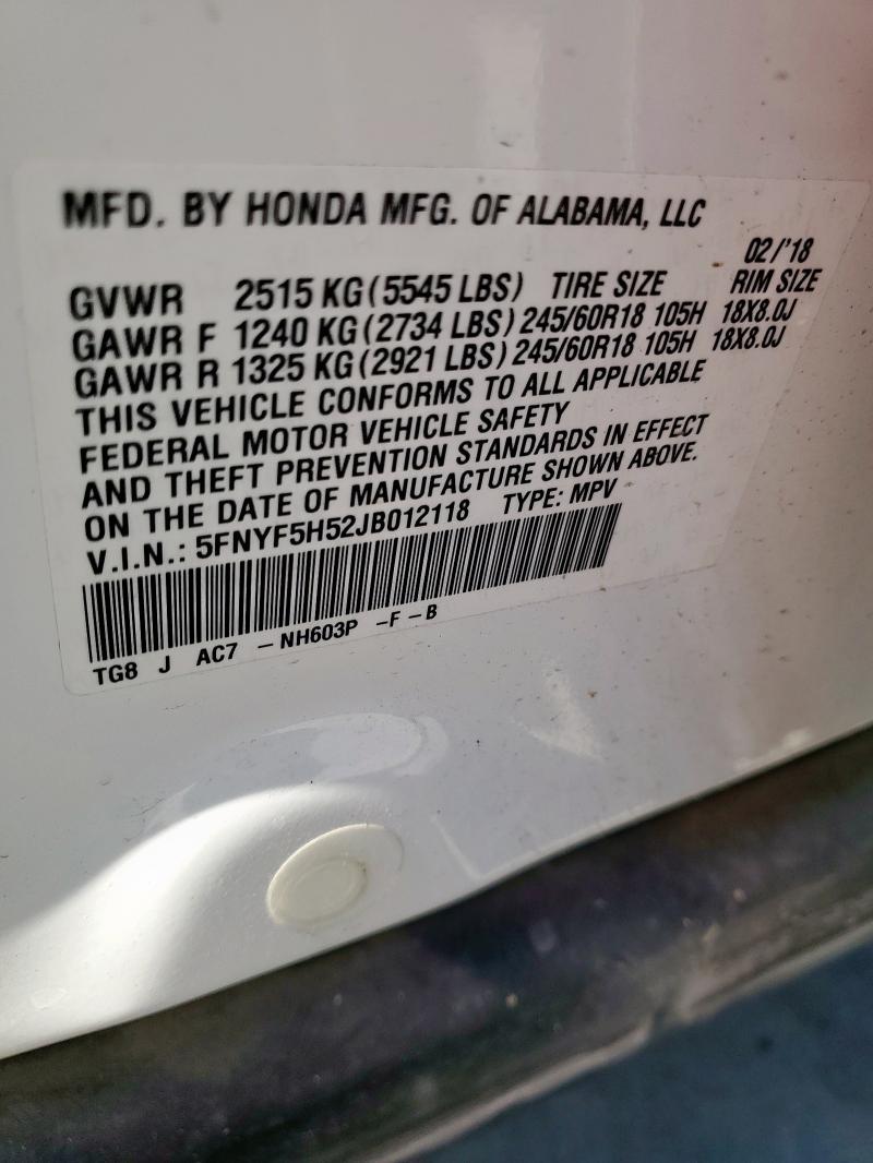 2018 HONDA PILOT EXL 5FNYF5H52JB012118
